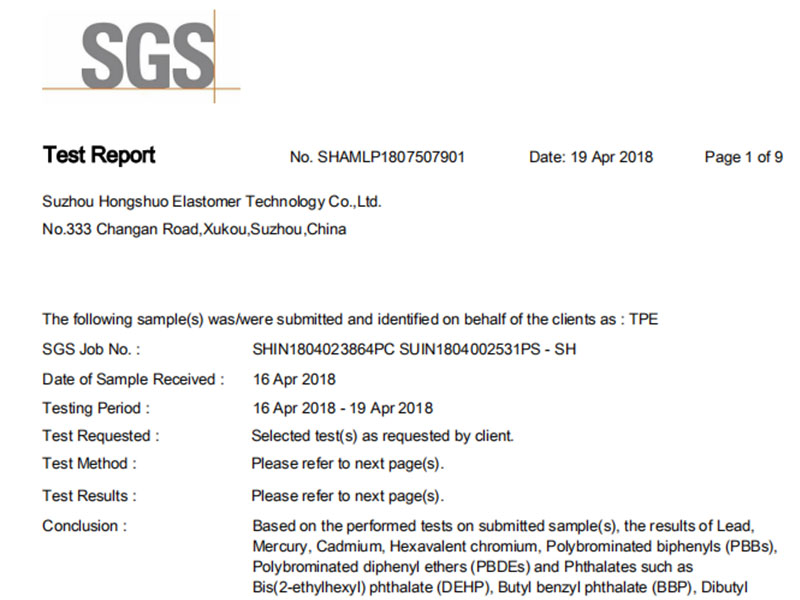 Suzhou Honghsuo TPEs comply with RoHS